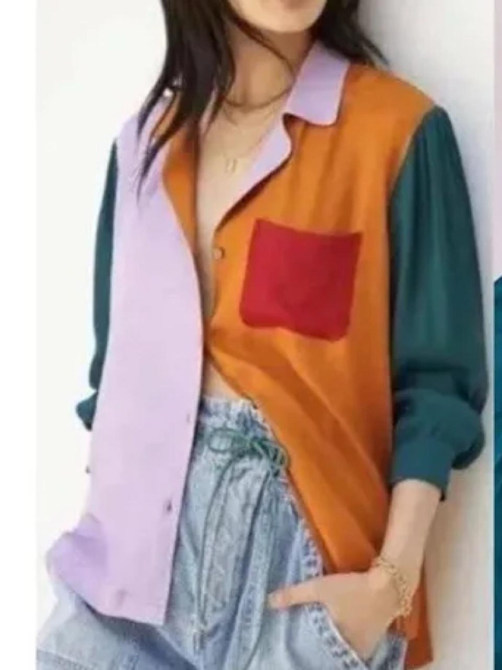 FARM Rio Colorblock Button-Up Blouse in Orange, Teal, Lavender & Red - Large - Picture 2 of 8